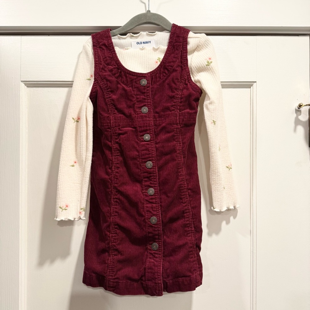 Gap Old Navy Girls Burgundy Corduroy Overall Dress Set XS‎ Jumper Floral Top